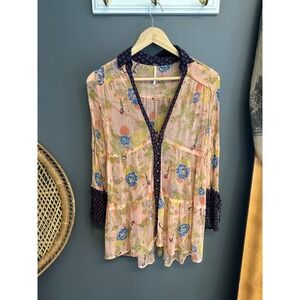 Free People Thunder Canyon Floral Tunic Top Womens Size XS Sheer Boho Blouse
